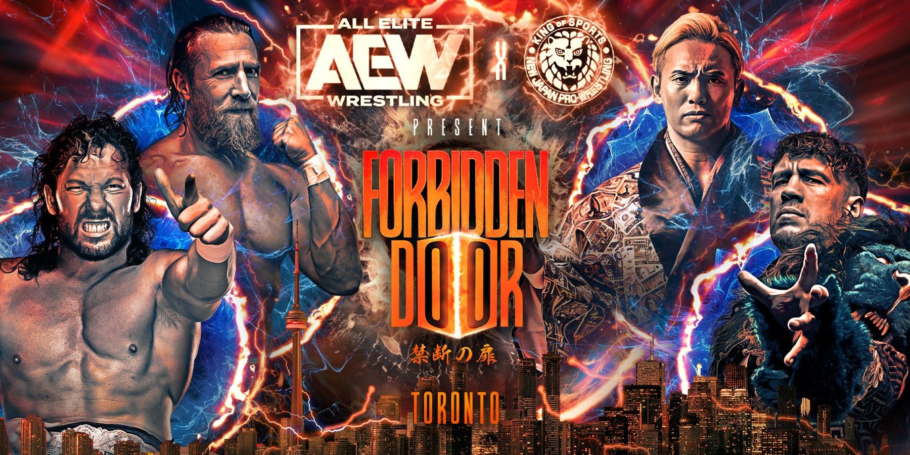 AEW x NJPW Forbidden Door 2023 poster featuring Kenny Omega, Bryan Danielson, Kazuchika Okada, and Will Ospreay