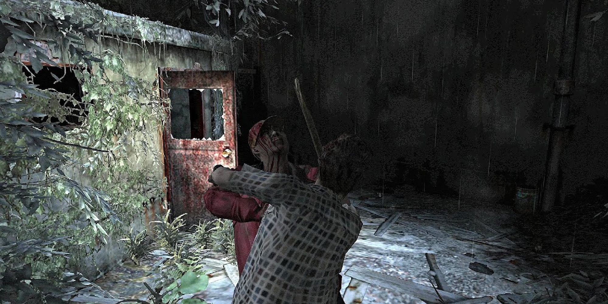 The player fights off one of the possessed villagers who tries to attack him with a weapon.