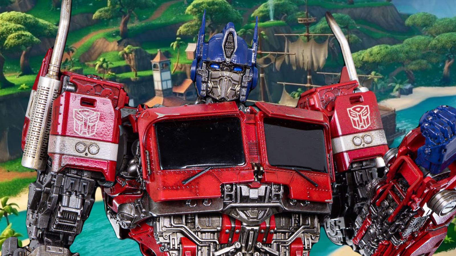 An image of Optimus Prime from Bumblebee placed in front of a background from Fortnite.