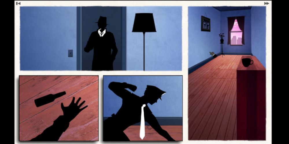 Panels showing a man in silhouette walking into an apartment and getting attacked by a police officer.