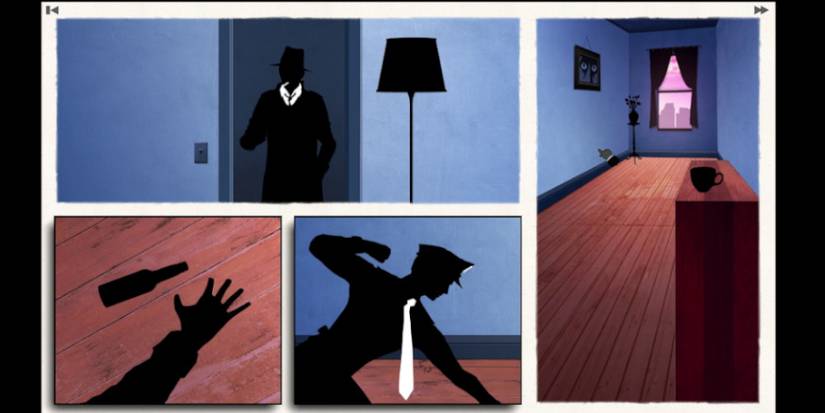 Panels showing a man in silhouette walking into an apartment and getting attacked by a police officer.