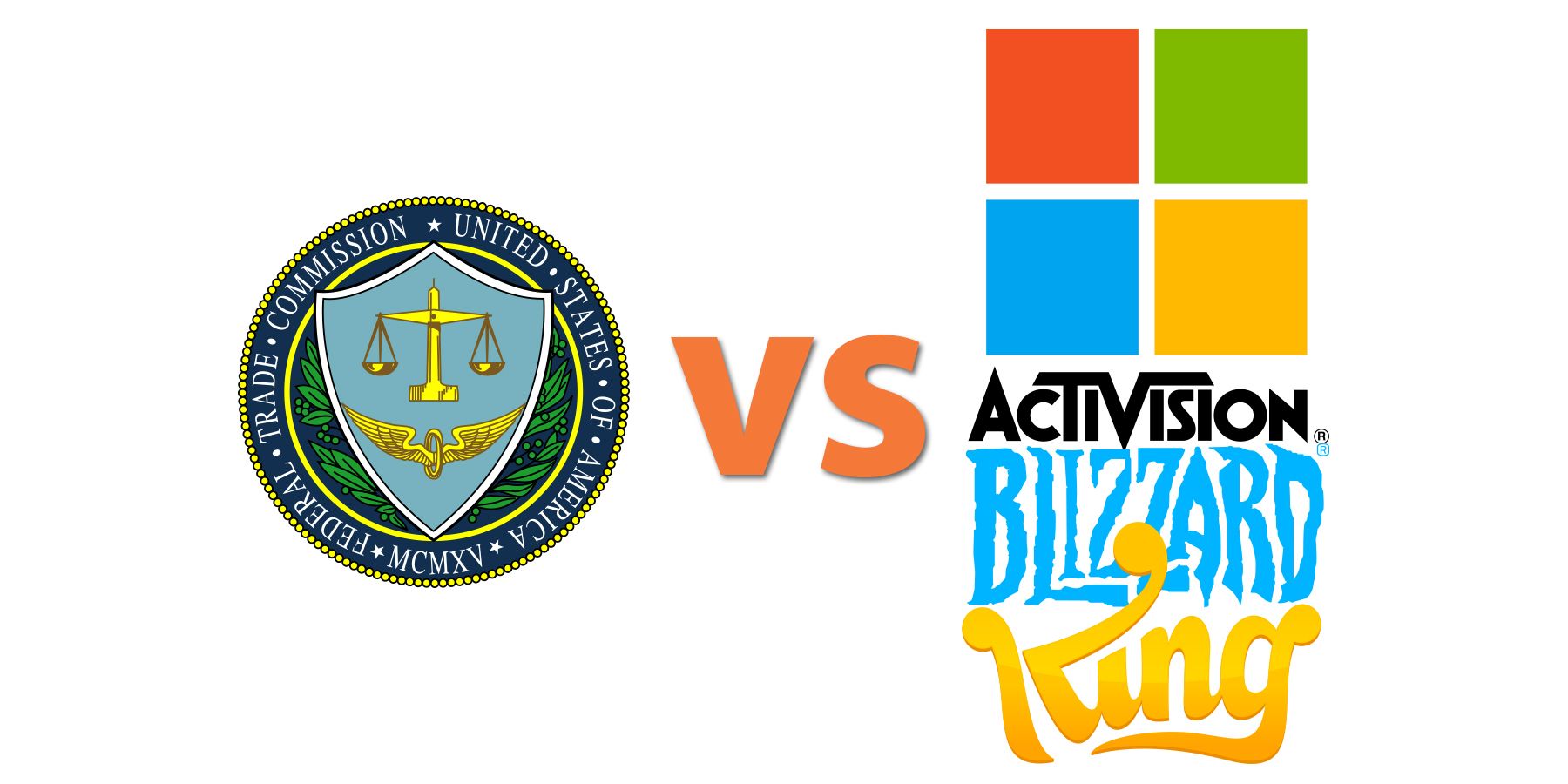 FTC vs Microsoft Activision Blizzard King logos on white background
