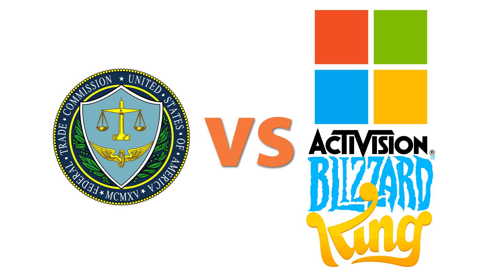 FTC vs Microsoft Activision Blizzard King logos on white background