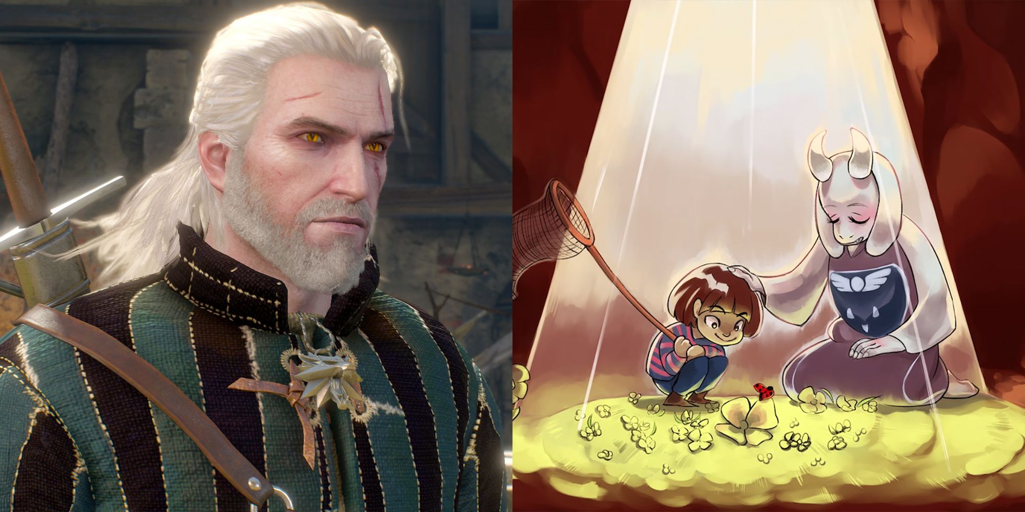 geralt from the witcher 3 and frisk with toriel from undertale