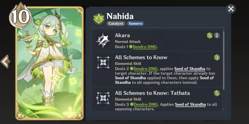 Genshin Impact Genius Invokation TCG Nahida Skills