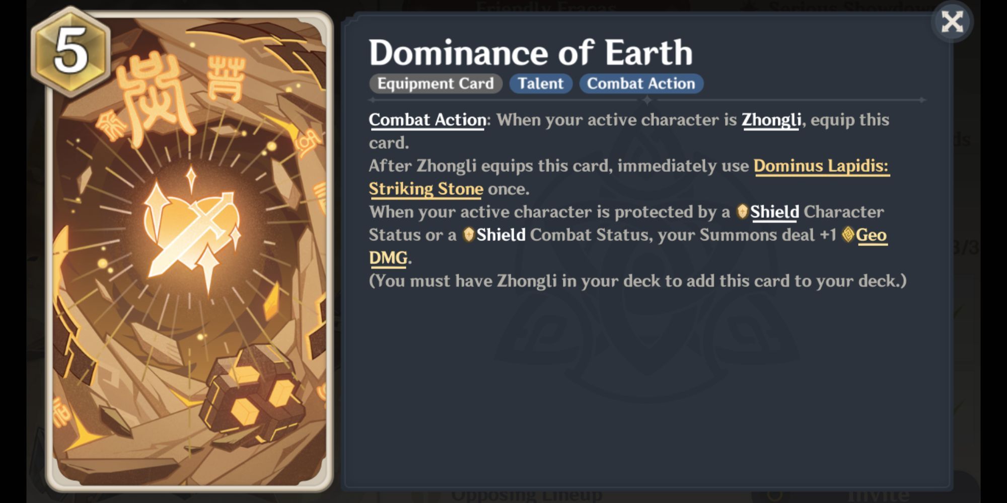 Genshin Impact Genius Invokation TCG Zhongli Talent Card