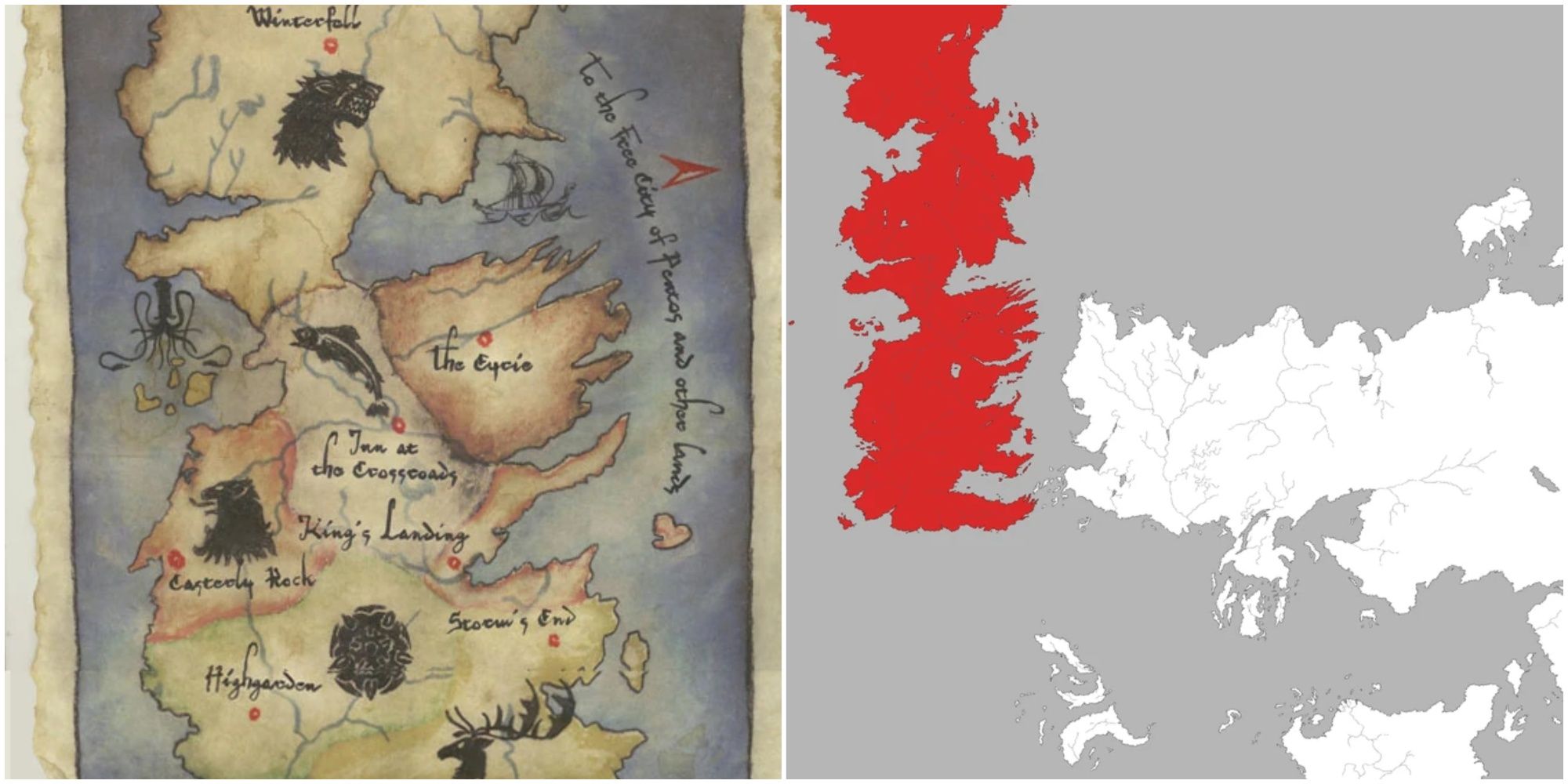 Split image showing the map of Westeros and Westeros and Essos in Game of Thrones lore.