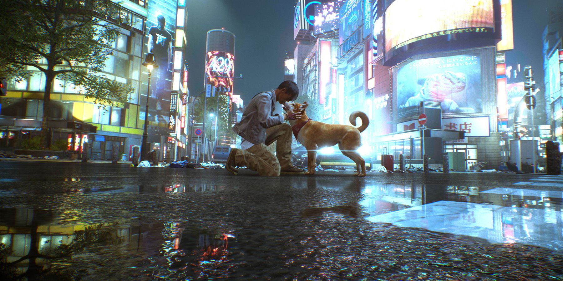 Ghostwire Tokyo - the protagonist Akito petting the dog