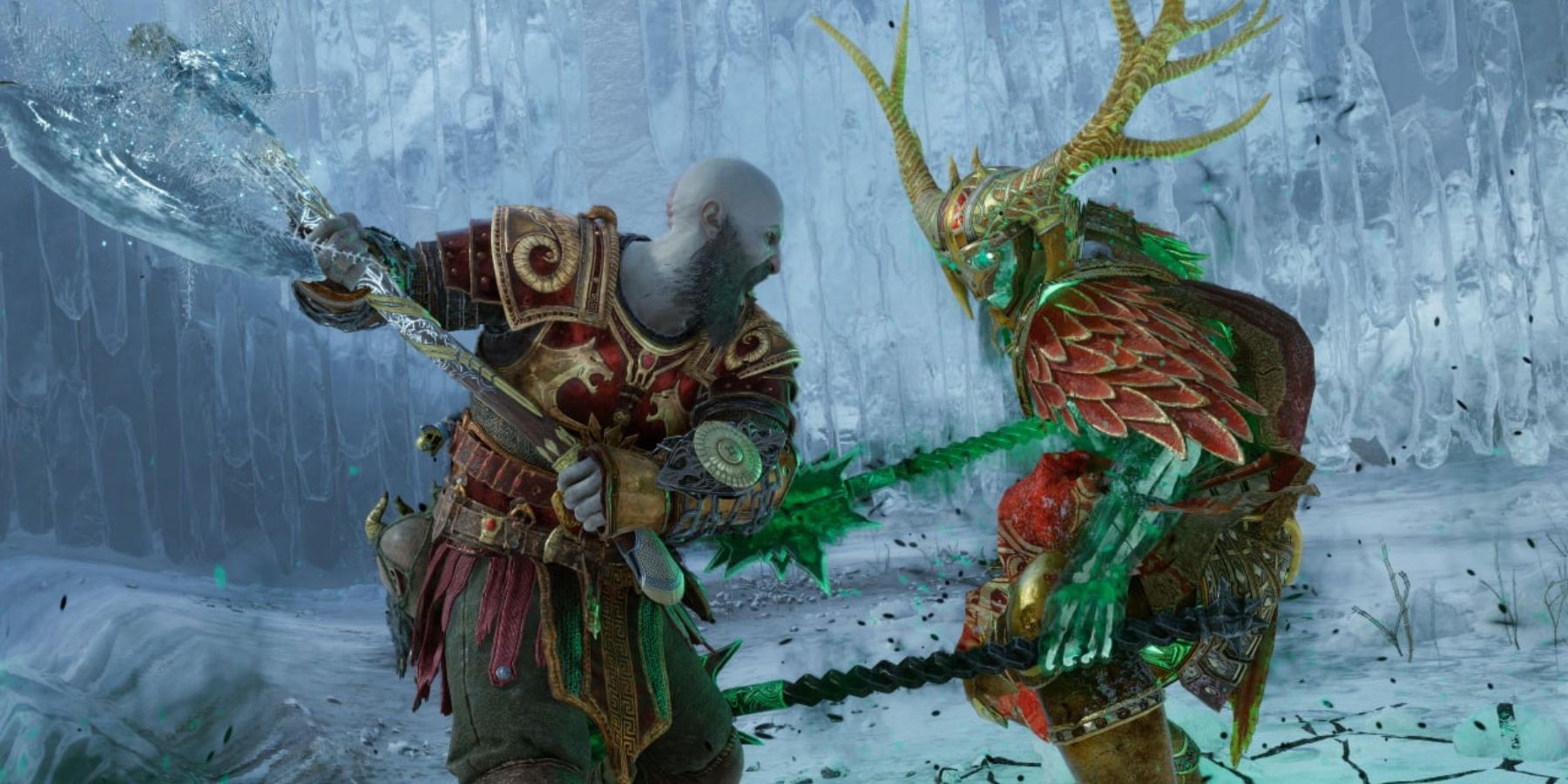 Kratos swings a large axe at an antlered enemy