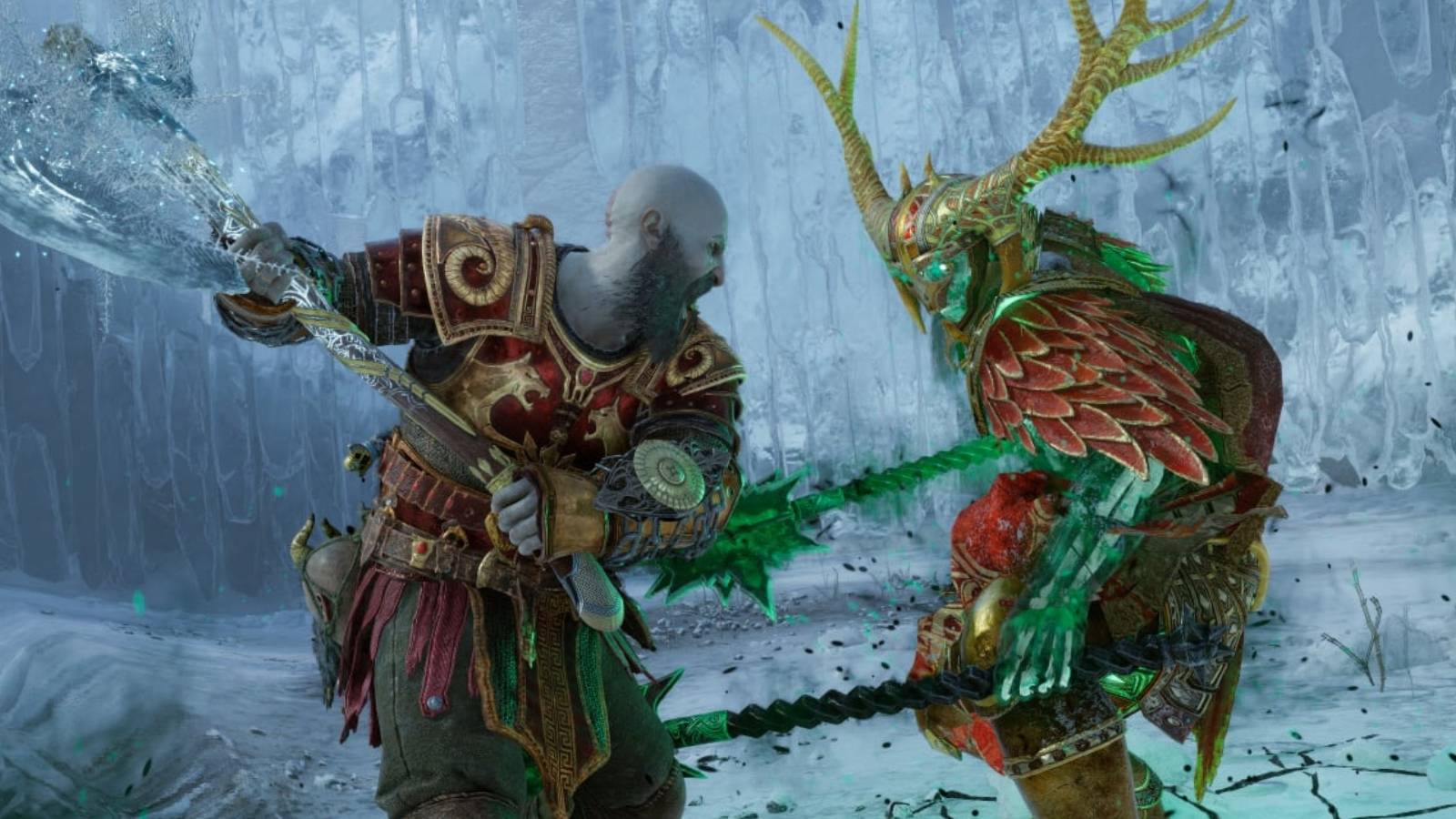 Kratos swings a large axe at an antlered enemy