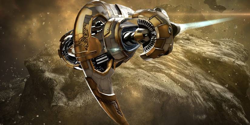 Golden spacecraft flying through space