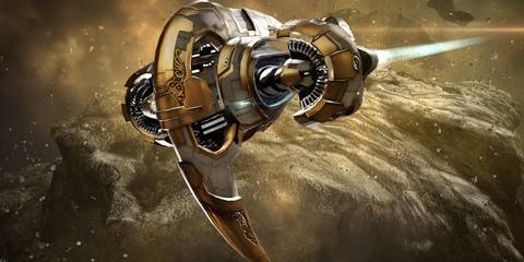 Golden spacecraft flying through space