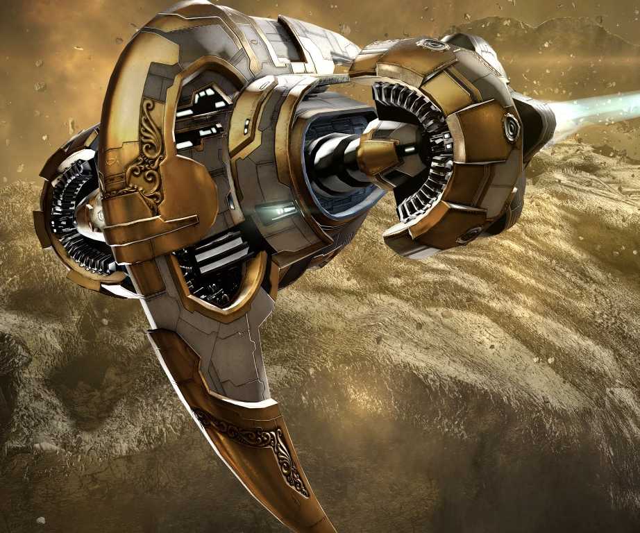 Golden spacecraft flying through space
