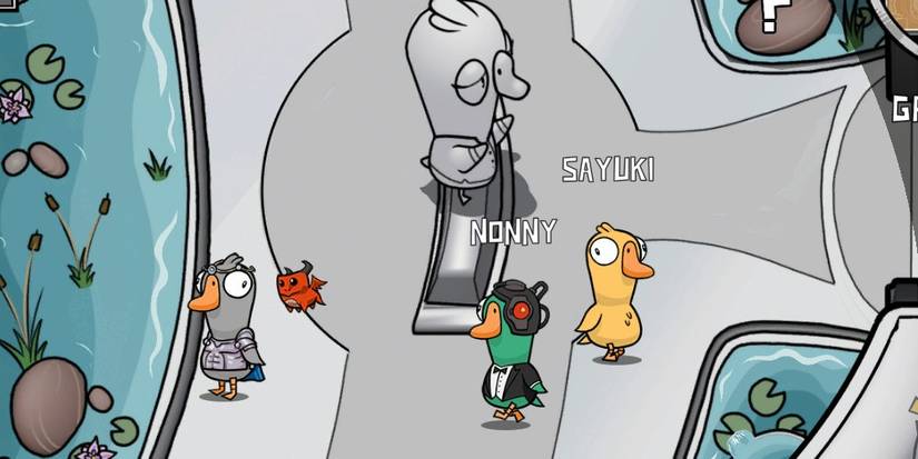 A screenshot featuring three playable duck characters in a map from Goose Goose Duck.