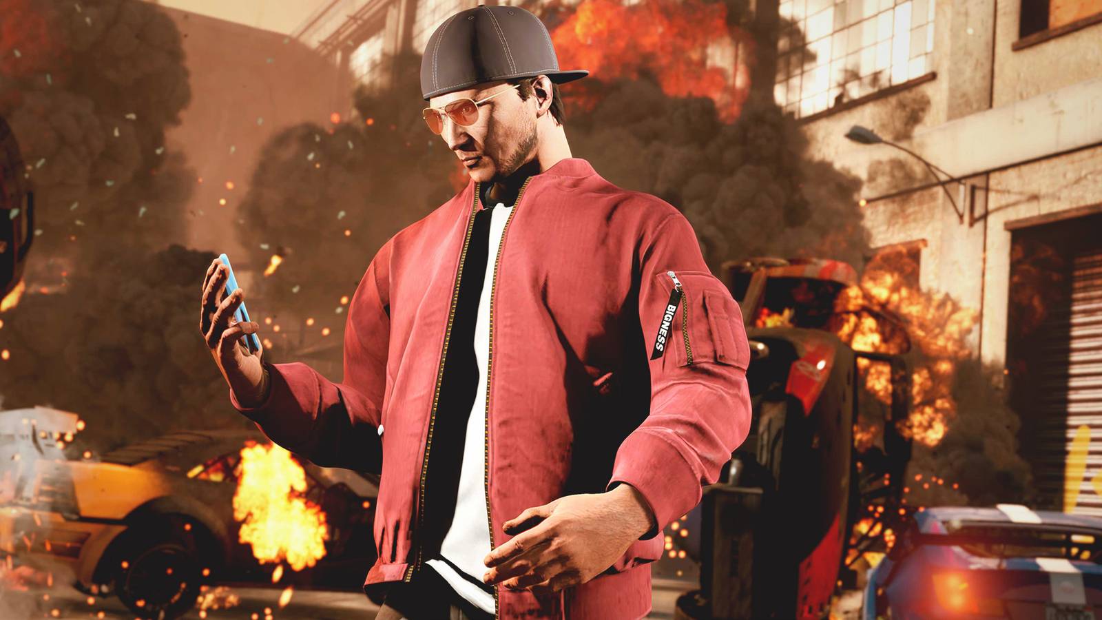 Grand Theft Auto Online character looking at phone amid car carnage