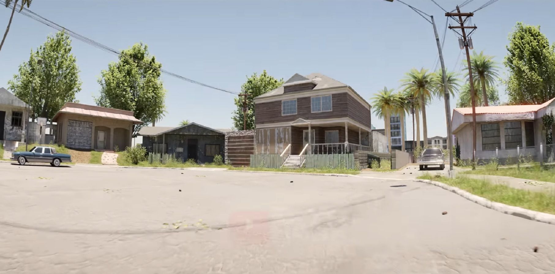A high-definition screenshot from a San Andreas remaster showing Grove Street.