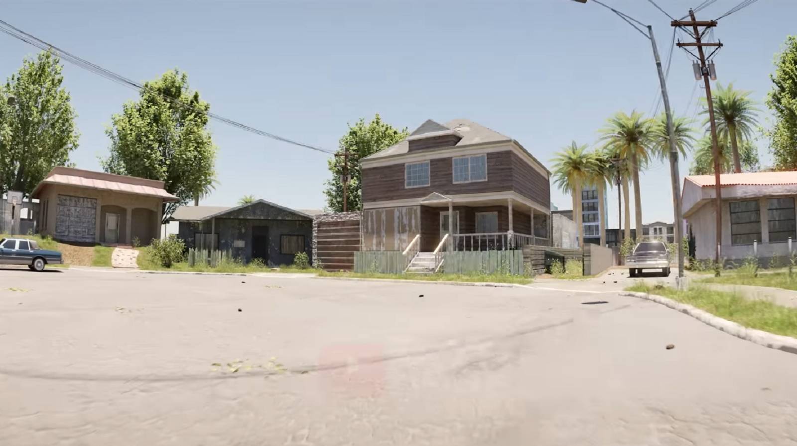 A high-definition screenshot from a San Andreas remaster showing Grove Street.