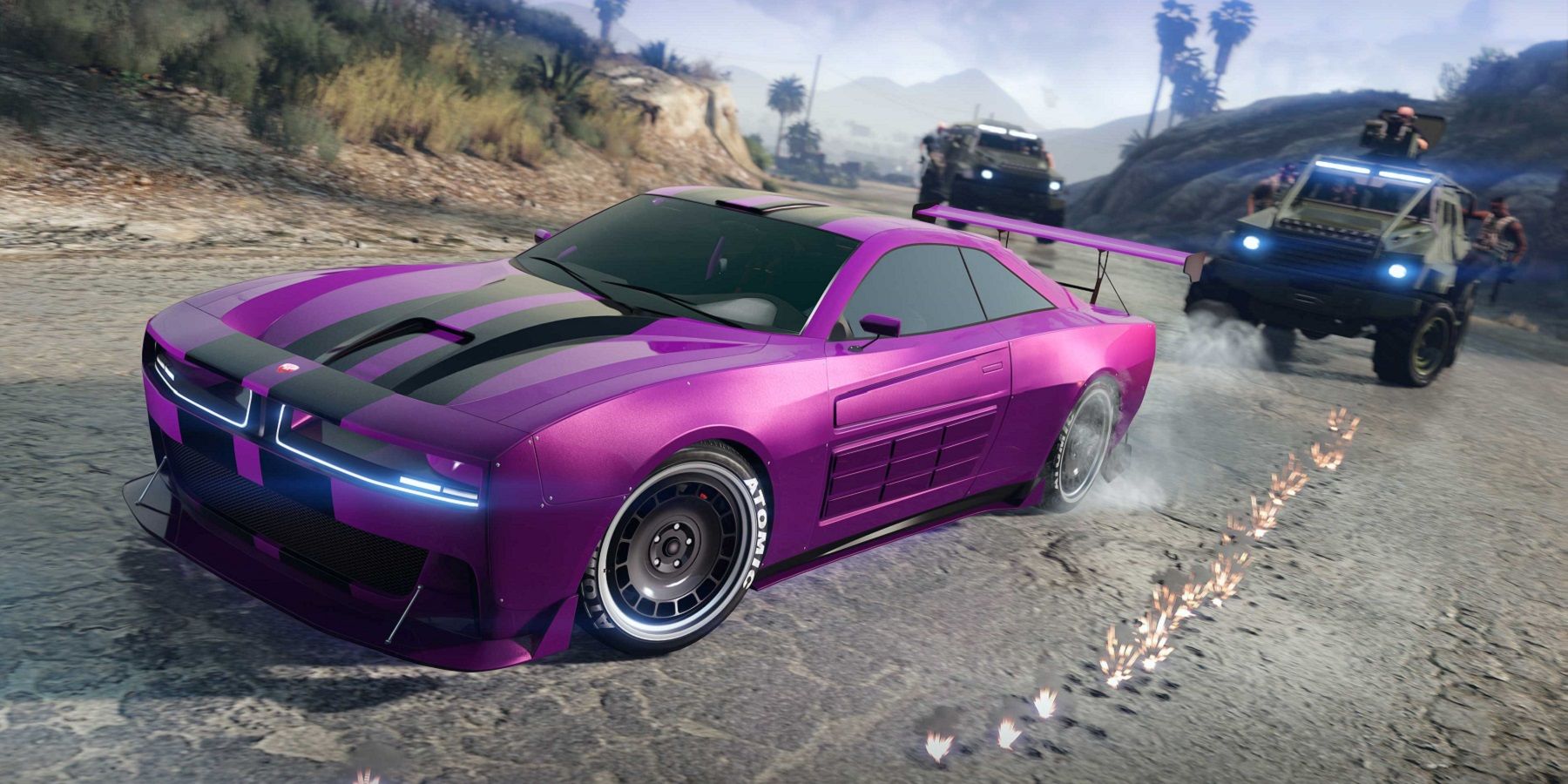 Image from Grand Theft Auto 5 showing a purple car in a police chase.
