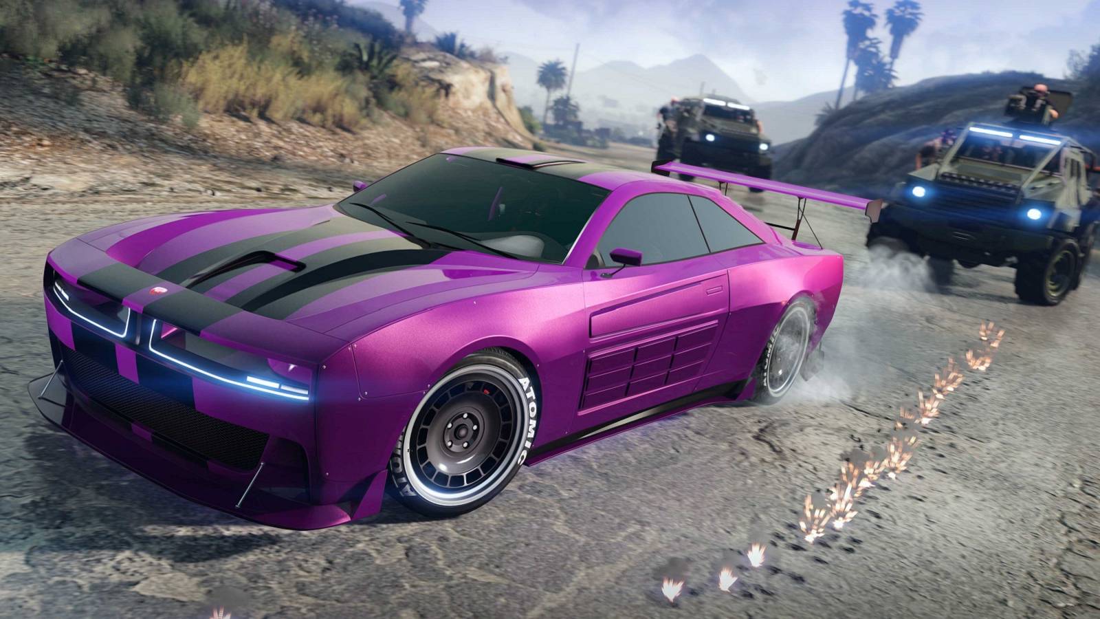Image from Grand Theft Auto 5 showing a purple car in a police chase.