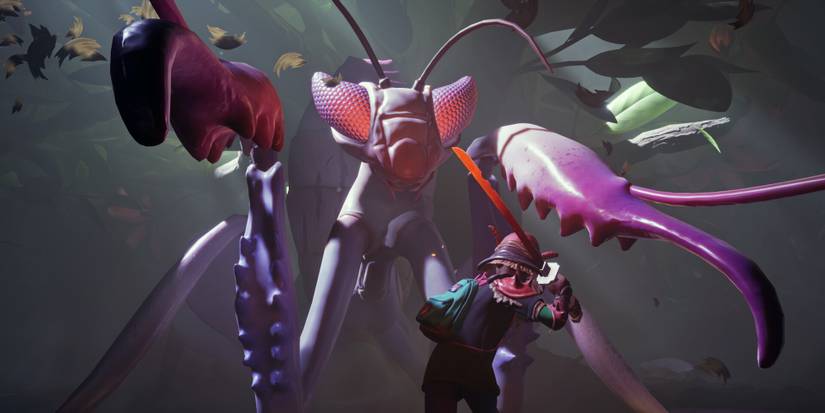 A child holding a sword ready to swing at a giant mantis in Grounded