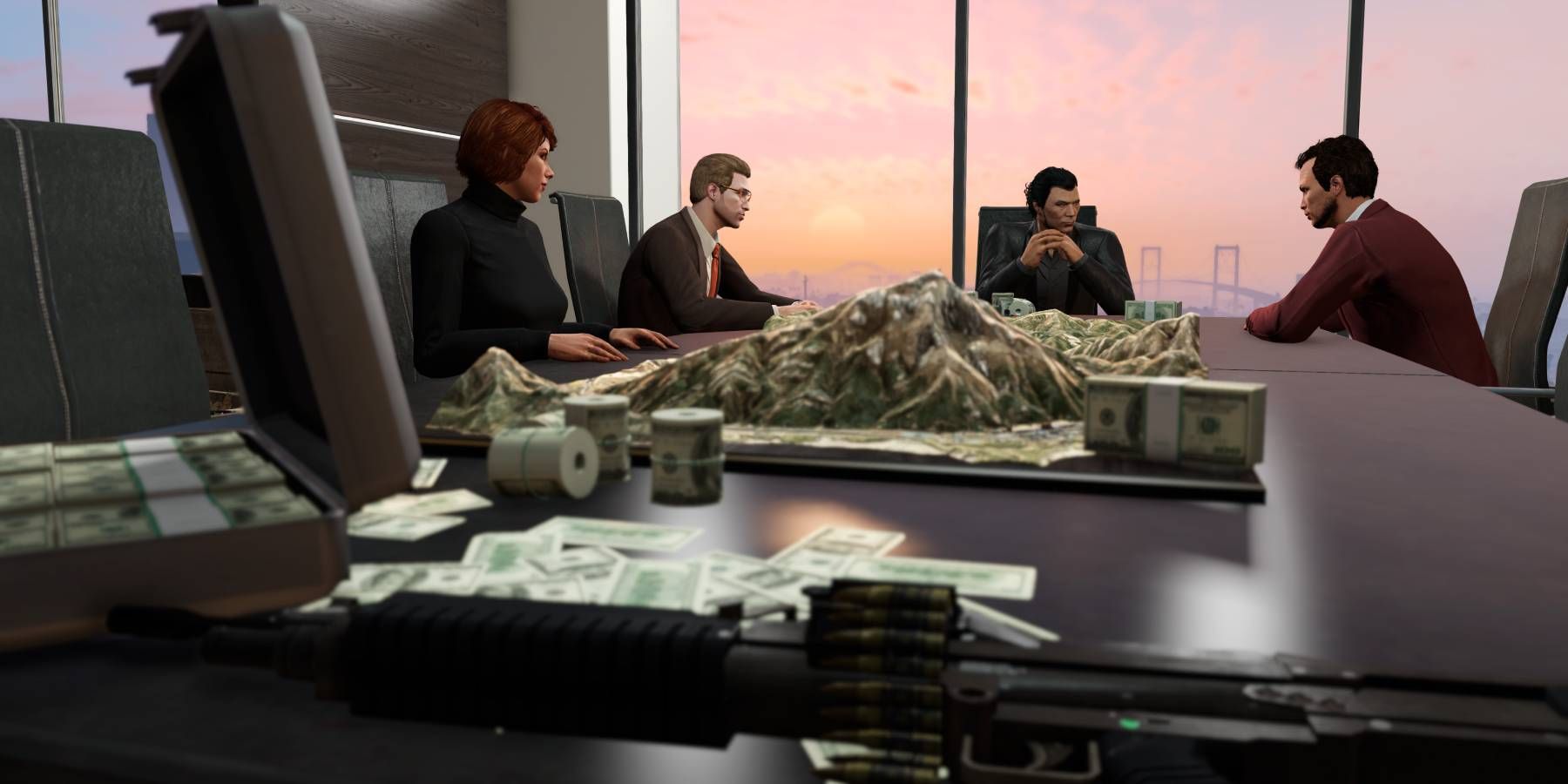 Characters meeting around a table with money and guns in Grand Theft Auto Online