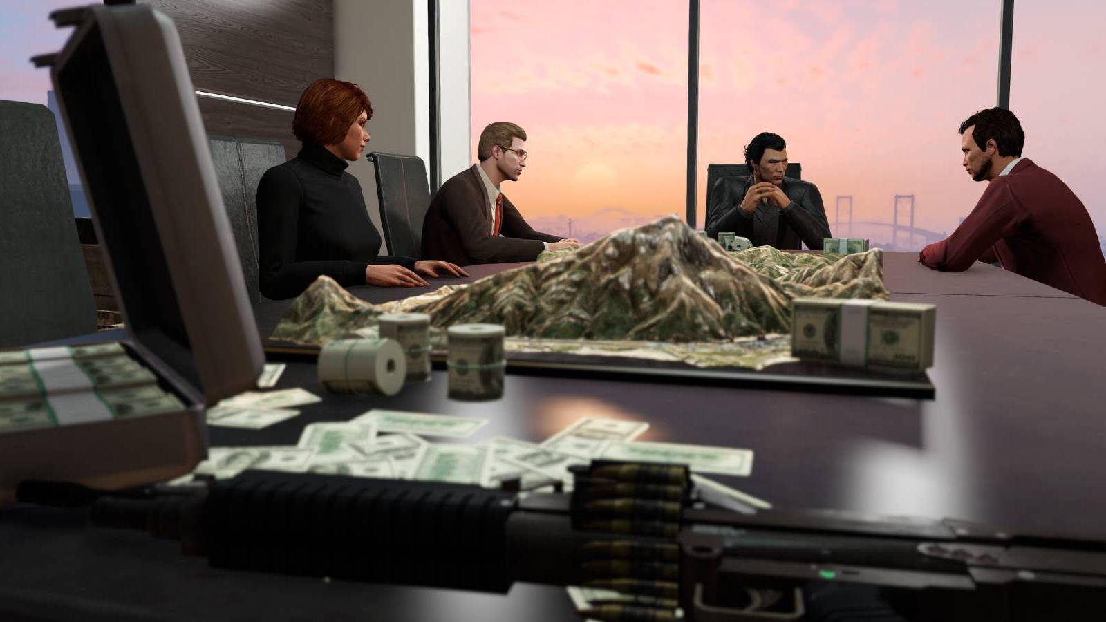 Characters meeting around a table with money and guns in Grand Theft Auto Online