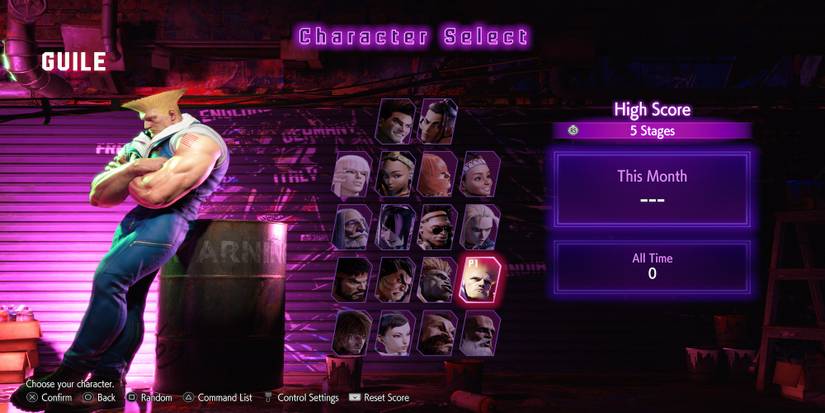 Guile in the character roster in Street Fighter 6