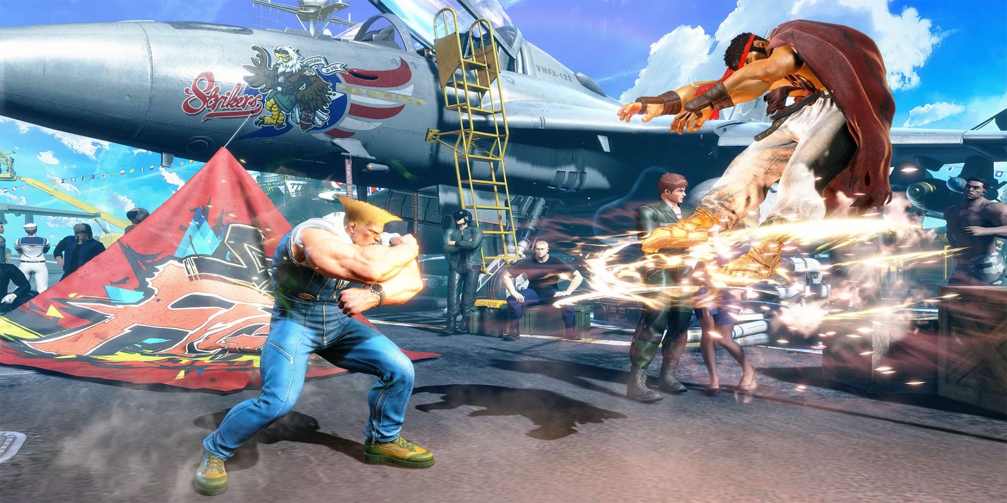Guile uses Sonic Boom to hit Ryu from mid-range
