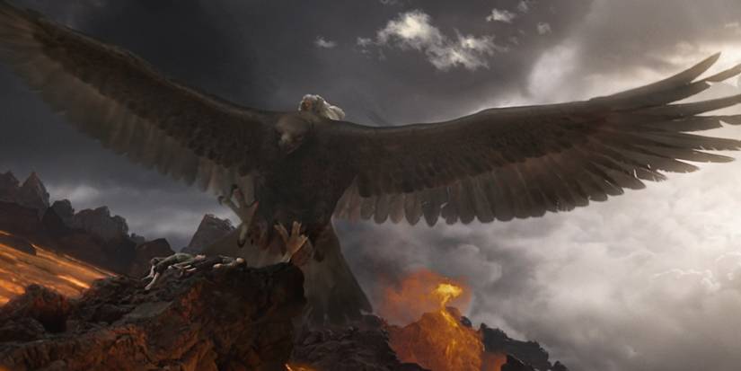 Gwahir flying across Mountain Doom to save frodo