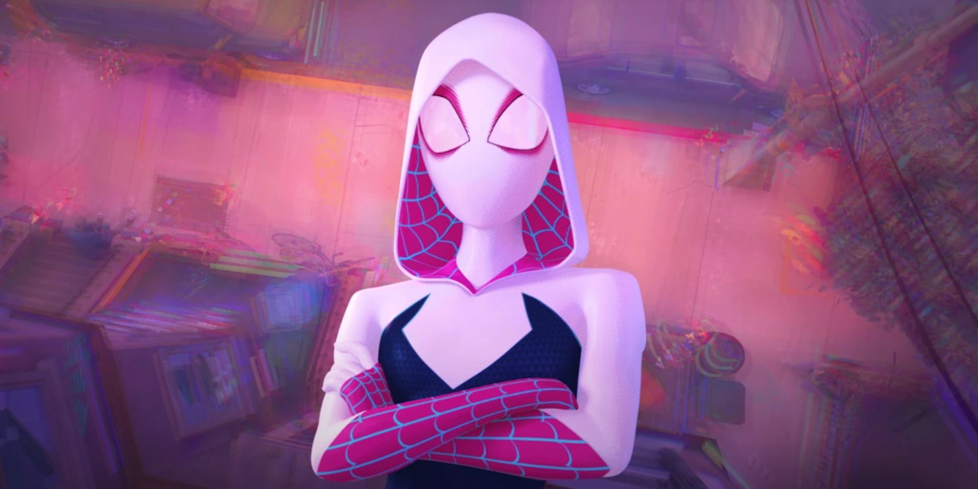 Spider-Gwen standing on the side of a building