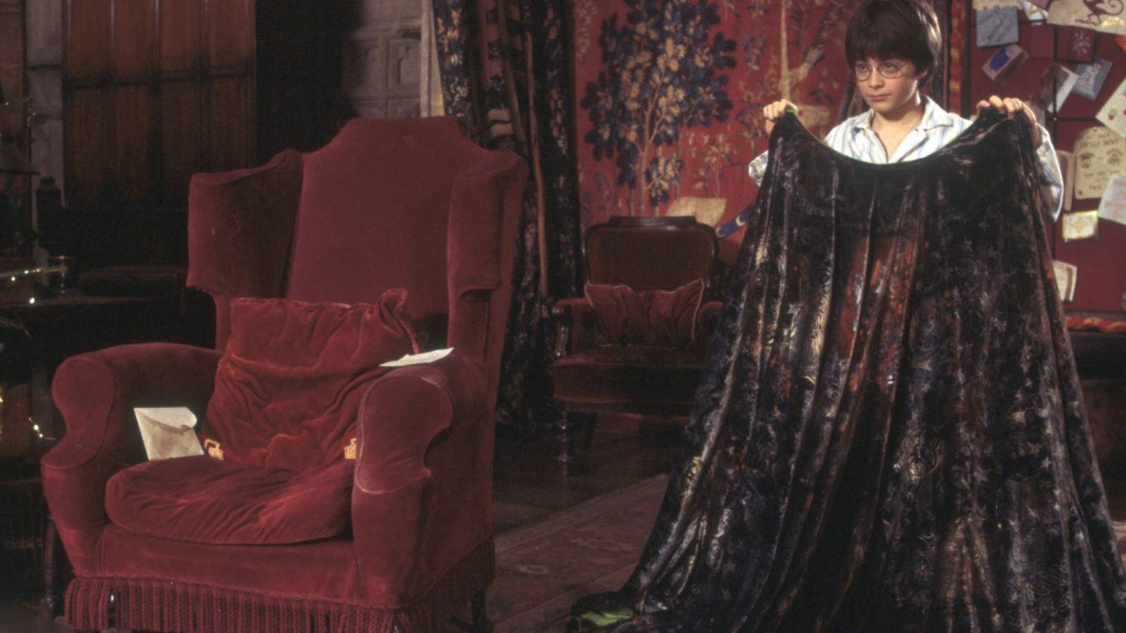 Harry Potter (Daniel Radcliffe) holding up the Cloak of Invisibility