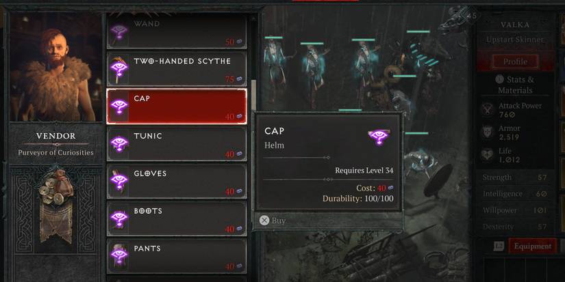 A player purchasing Headgear at the Purveyor of Curiosities in Diablo 4
