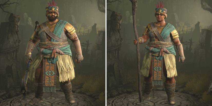 A male and a female Druid in the Heavy armor set in Diablo 4