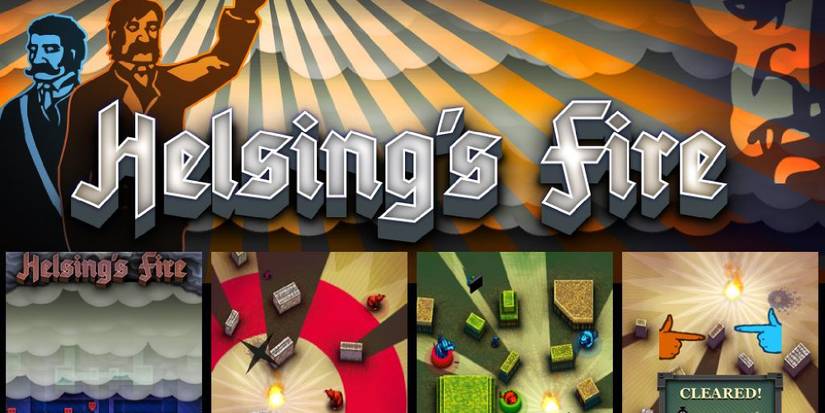 Image showing the title card of Helsing's Fire, as well as examples of the levels in-game. 