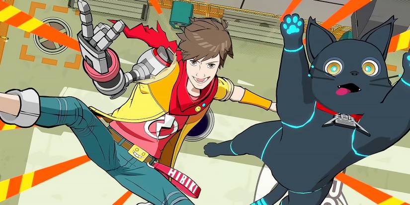 Image from Hi-Fi Rush showing Chai and 808 in an action pose.