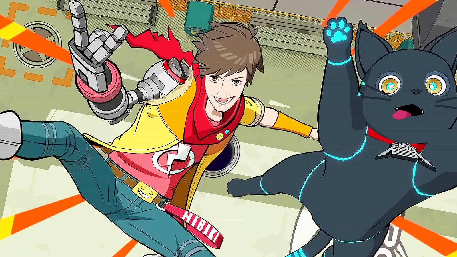 Image from Hi-Fi Rush showing Chai and 808 in an action pose.