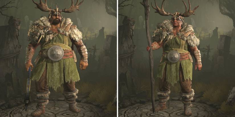 A male and female Druid in the Highland armor set in Diablo 4