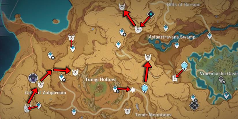 hilichurl farming route around tunigi hollow in genshin impact