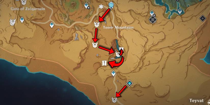 hilichurl farming route in temir mountains in genshin impact