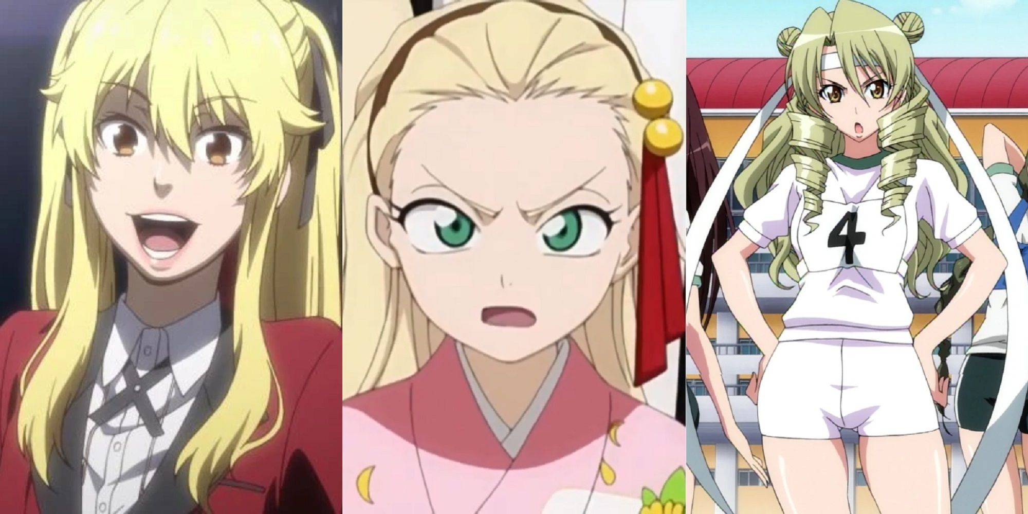 Split image of an ecstatic Mary Saotome from Kakegurui, an irritated Rurichiyo Kasumioji from Bleach, and a pouting Saki Tenjouin from To LOVE-Ru