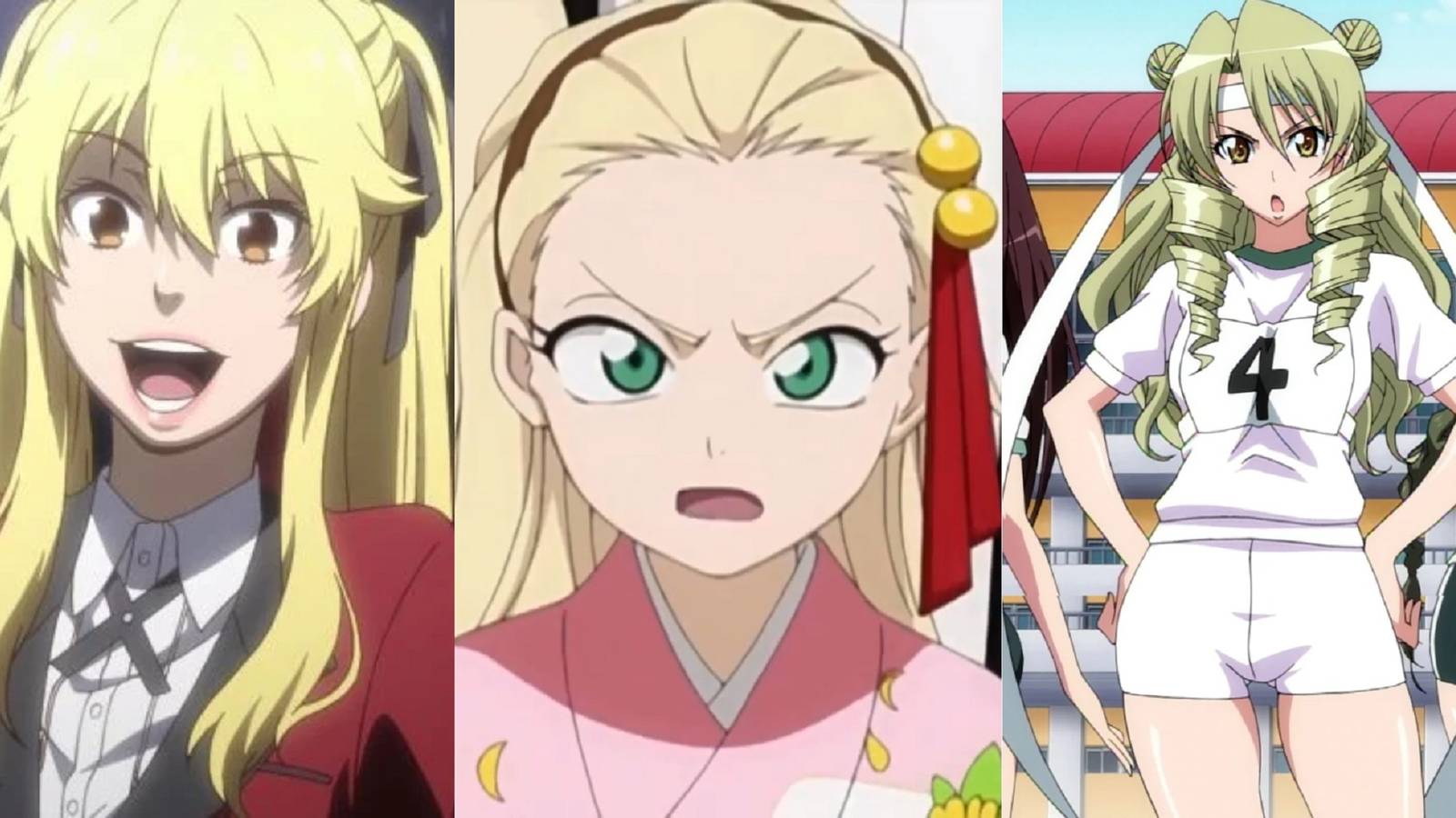 Split image of an ecstatic Mary Saotome from Kakegurui, an irritated Rurichiyo Kasumioji from Bleach, and a pouting Saki Tenjouin from To LOVE-Ru