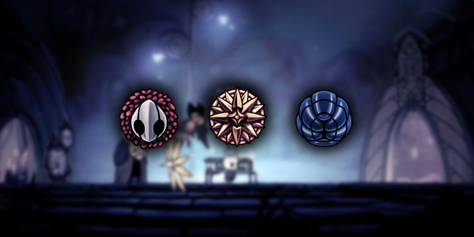 Hollow Knight - Carefree Melody, Dreamshield, and Baldur Shell Charms over image of The Knight with Dreamshield active