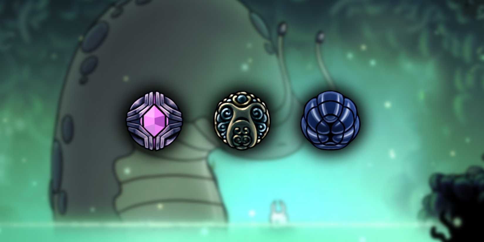 Hollow Knight - Quick Focus, Shape of Unn, and Baldur Shell Charms over Image of The Knight Swimming With Unn