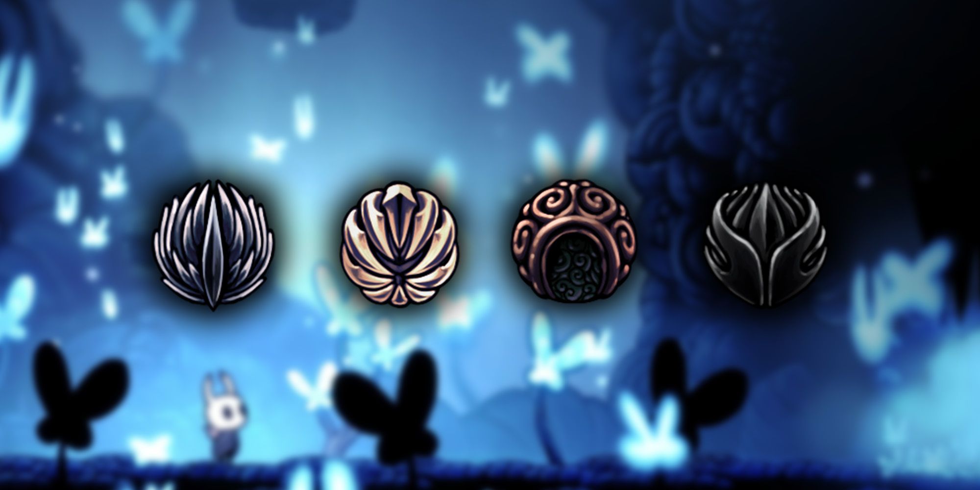 Hollow Knight - Quick Slash, Unbreakable Strength, Shaman Stone, and Sharp Shadow Charms Over Image Of The Knight Enjoying The Scenery