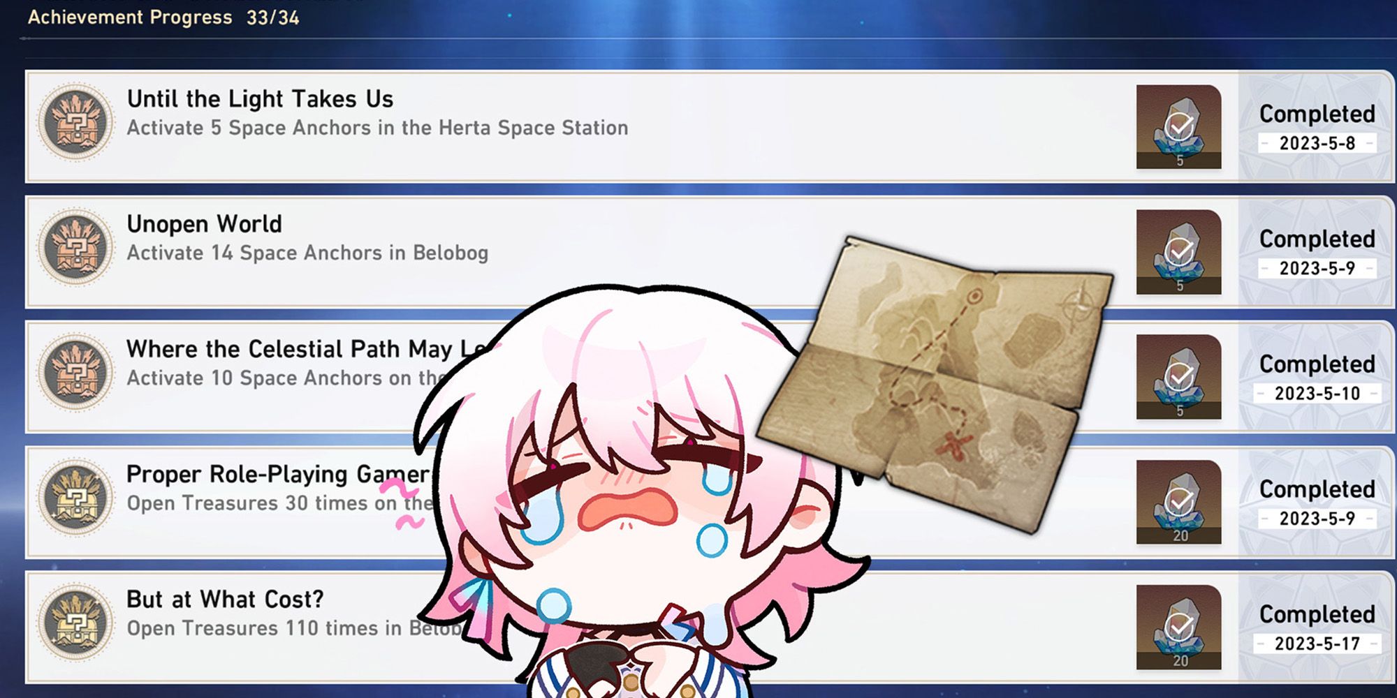 Honkai Star Rail - Achievements Related To Collectibles With Treasure Map And Crying March 7th Sticker On Top-1