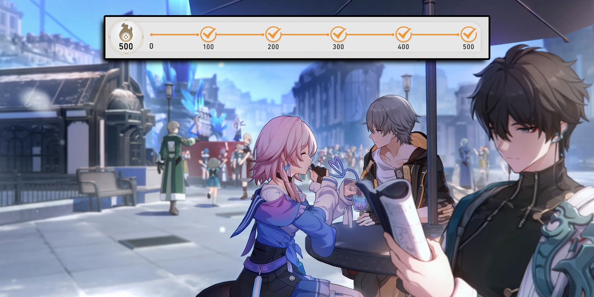 Honkai Star Rail - Cutscene Of March 7th, Dan Heng, and the Trailblazer Relaxing In Belobog With Daily Training UI On Top