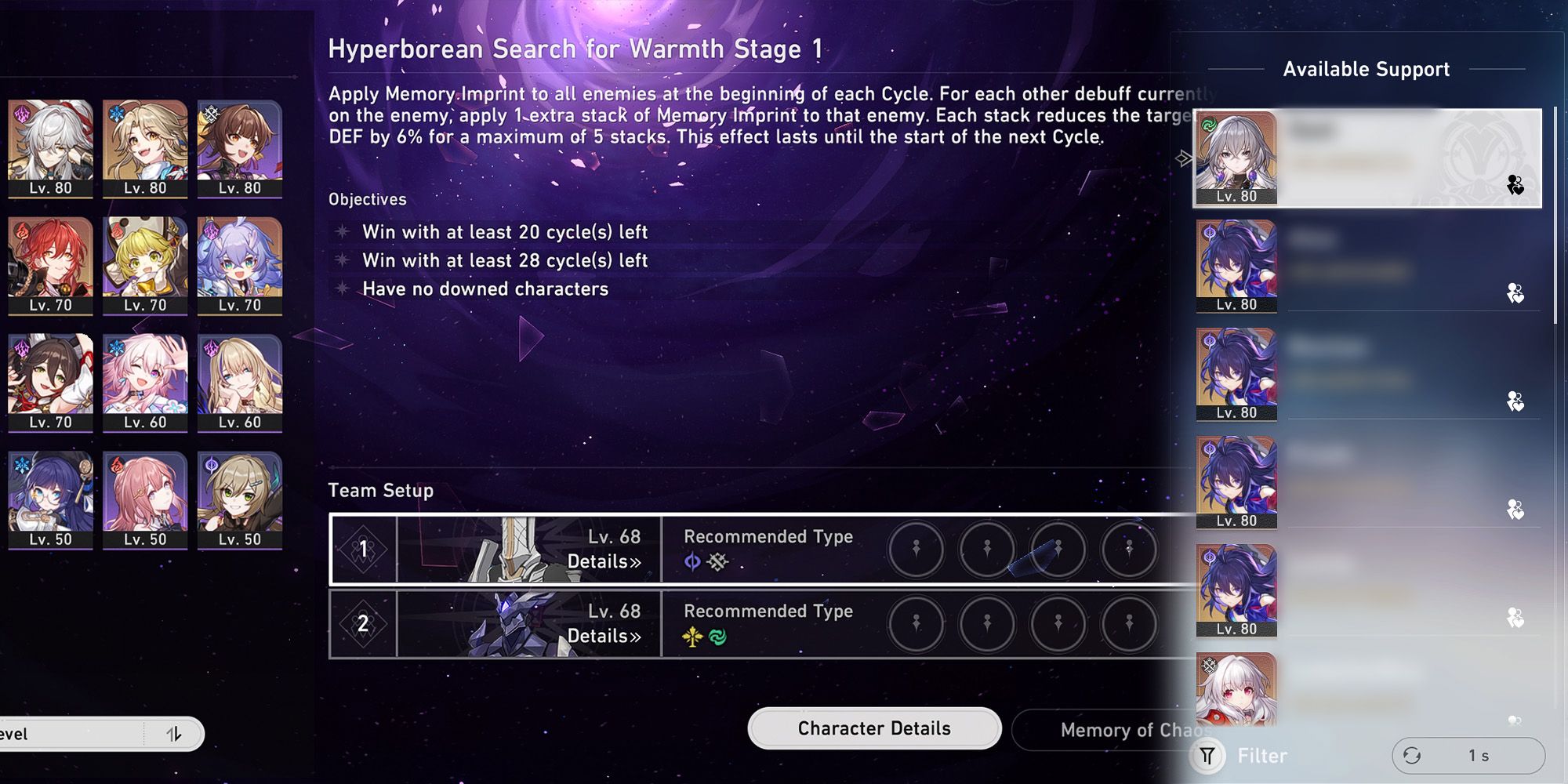 Honkai Star Rail - Mockup Of Support UI to The Right Of Options For Memory of Chaos Memory