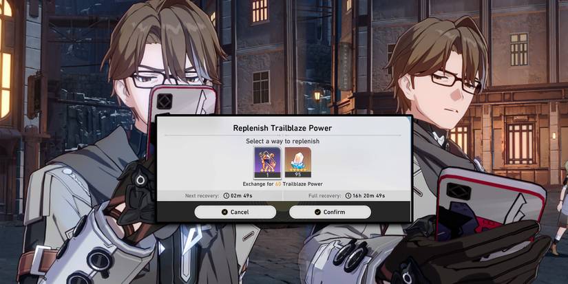 Honkai Star Rail - Welt Looking At His Phone and getting disgusted with image of low Trailblaze Power on top