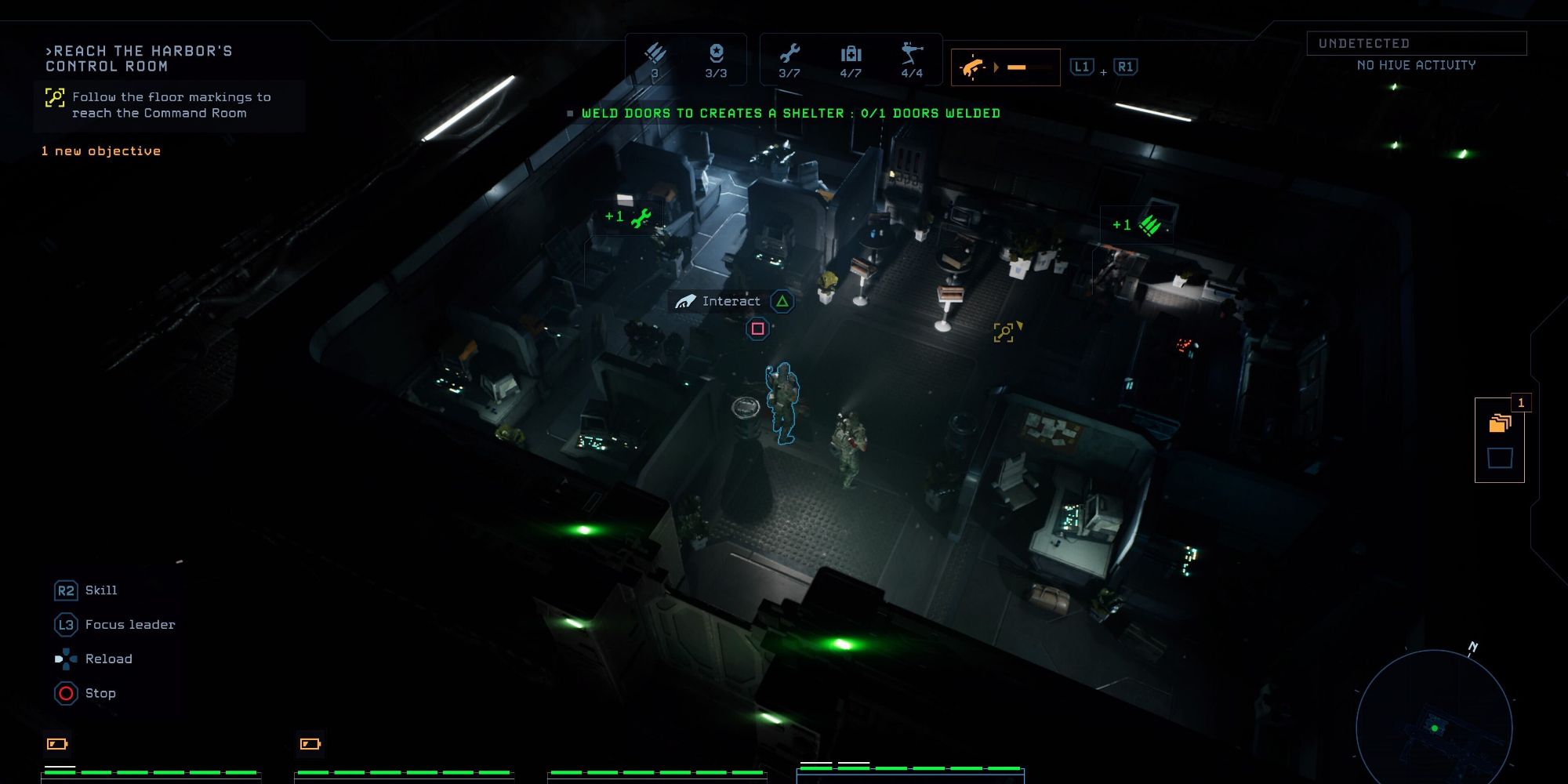 An image of the gameplay for Aliens: Dark Descent, showing the marines inside a building