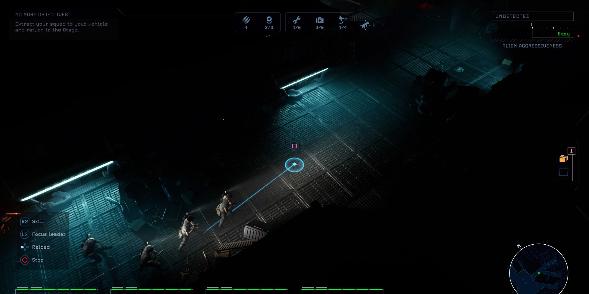 Gameplay screenshot of Aliens: Dark Descent, showing the marine squad running through a corridor